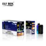 A product display featuring an "ELF BOX" vape kit called "PULSE X" in "Blue Razz Ice" flavor, with box packaging shown from multiple angles, displaying warning labels about nicotine and its addictive properties.