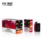 A box and a vape device labeled "Elf Box PULSE X" in cherry soda flavor, featuring warning labels about nicotine. The box is shown prominently, with the vape device positioned to the right.