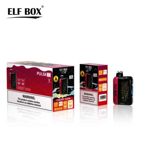 A box and a vape device labeled "Elf Box PULSE X" in cherry soda flavor, featuring warning labels about nicotine. The box is shown prominently, with the vape device positioned to the right.