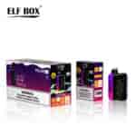 A box and device labeled "ELF BOX" featuring "PULSE X" and "GRAPE ICE" flavor, with a warning about nicotine content, displayed against a white background.