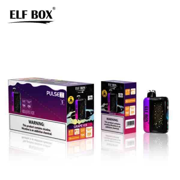 A box and device labeled "ELF BOX" featuring "PULSE X" and "GRAPE ICE" flavor, with a warning about nicotine content, displayed against a white background.