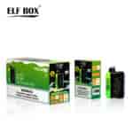 A display of the ELF BOX PULSE X vape packaging, featuring a kiwi passion fruit flavor. The image includes two boxes with a black and green design, a warning label about nicotine, and one vape device on the side.