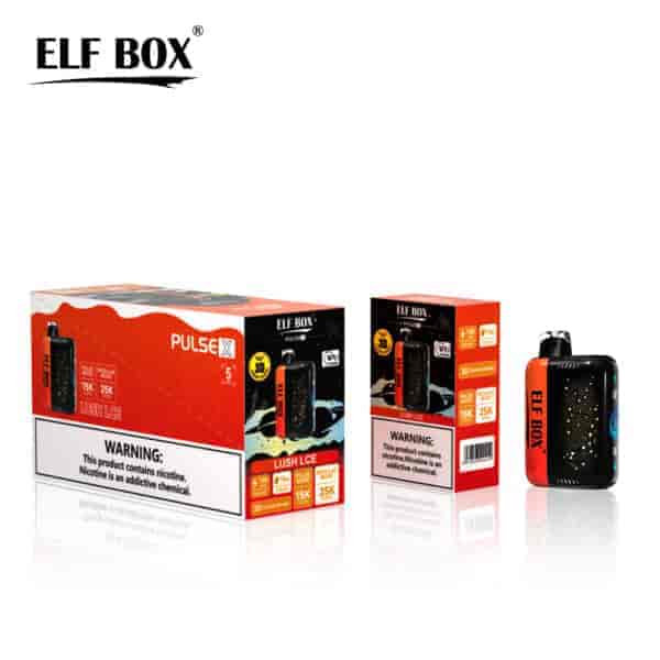 A package and a product from ELF BOX, featuring a vaping device labeled "PULSE X" and "LUSH ICE," with warning labels about nicotine addiction. The packaging includes details on puff counts and specifications.