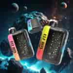 Three colorful vape devices labeled "ELF BOX" are displayed against a cosmic background featuring planets and asteroids.