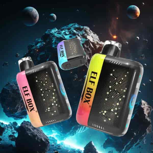 Three colorful vape devices labeled "ELF BOX" are displayed against a cosmic background featuring planets and asteroids.
