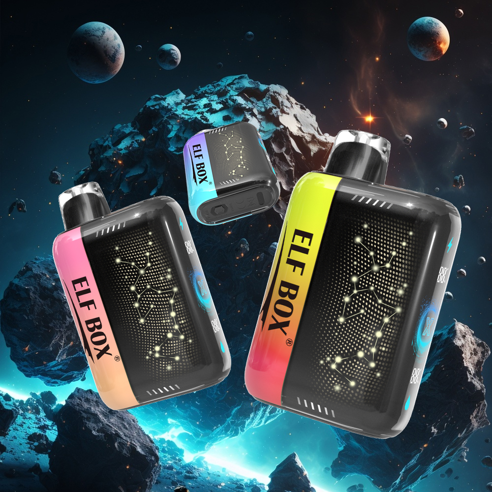 Three colorful vape devices labeled "ELF BOX" are displayed against a cosmic background featuring planets and asteroids.