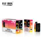 A display of ELF BOX vape products, including two boxes labeled "PULSE X" and "PULSE," both featuring a "Peach Ice" flavor. The boxes highlight nicotine warnings and product specifications, with a sleek vape device shown to the right.
