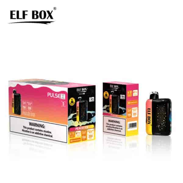A display of ELF BOX vape products, including two boxes labeled "PULSE X" and "PULSE," both featuring a "Peach Ice" flavor. The boxes highlight nicotine warnings and product specifications, with a sleek vape device shown to the right.
