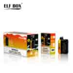 A display of packaging for the ELF BOX PULSE X vape products, featuring a colorful box with a red bull design and a device alongside, and warning labels about nicotine being an addictive chemical.