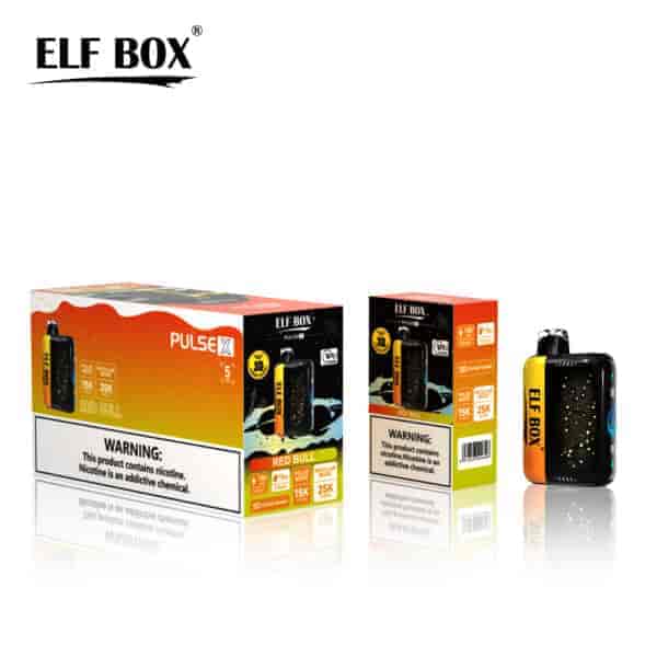 A display of packaging for the ELF BOX PULSE X vape products, featuring a colorful box with a red bull design and a device alongside, and warning labels about nicotine being an addictive chemical.