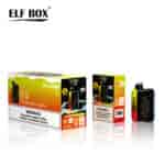 Packaging for the Elf Box Pulse X vape, featuring a colorful design with "Strawberry Banana" flavor, and a warning label about nicotine addiction.