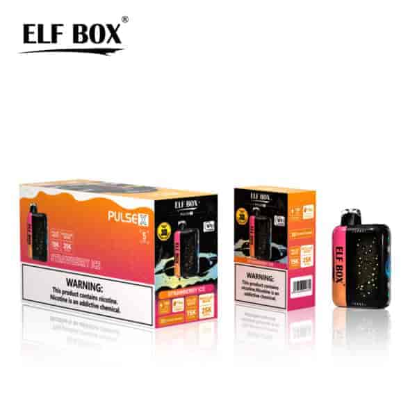 Packaging and device of ELF BOX Pulse X vape, featuring "Strawberry Ice" flavor, with multiple warnings about nicotine addiction.