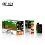 A display featuring the packaging and device of an "Elf Box" vape product, specifically the "Pulse X" model with a "Strawberry Watermelon" flavor. The packaging includes warning labels about nicotine as an addictive chemical. The device itself is shown in a colorful design with a 3D curved screen.