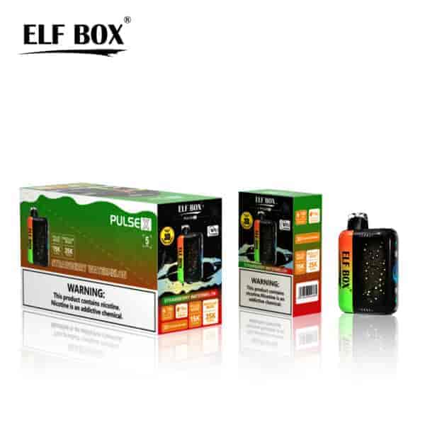 A display featuring the packaging and device of an "Elf Box" vape product, specifically the "Pulse X" model with a "Strawberry Watermelon" flavor. The packaging includes warning labels about nicotine as an addictive chemical. The device itself is shown in a colorful design with a 3D curved screen.