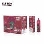 Pudełko produktów do waporyzacji marki ELF BOX z wzorem z zieloną czaszką i różowym mózgiem, z etykietą "Cherry Soda" i oznaczeniem "14000 zaciągnięć". Do pudełka dołączone jest jedno urządzenie do waporyzacji z podobnymi elementami konstrukcyjnymi.