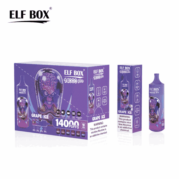 Wystawa produktów zawierająca zestaw do waporyzacji "Elf Box 14000 pro" z dwoma urządzeniami do waporyzacji i opakowanie pudełkowe z etykietą "Grape Ice". Na pudełku znajduje się informacja o łącznie 14 000 zaciągnięć i ostrzeżenie, że nikotyna jest substancją uzależniającą. Projekt zawiera kolorową, stylizowaną grafikę zarówno na pudełku, jak i na urządzeniach.