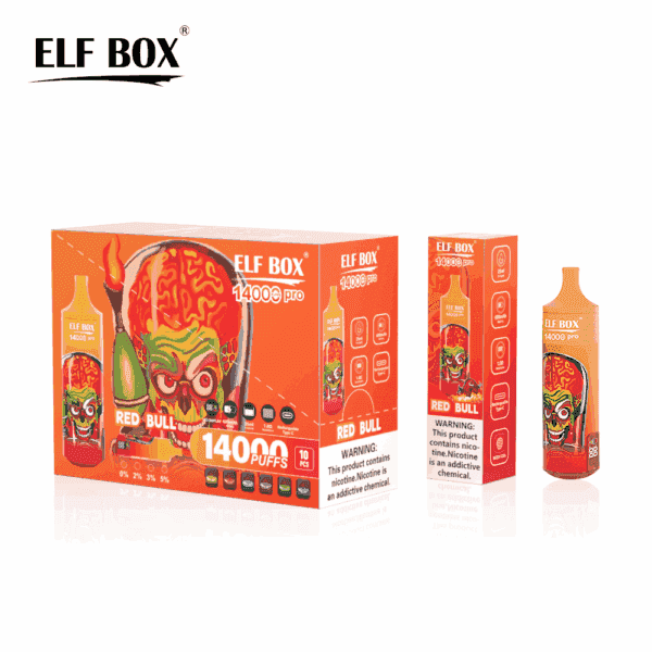 Kolorowe pudełko z napisem "ELF BOX" zawierające "14000 puffów" i wzorem przedstawiającym czaszkę ze wzorem mózgu. Obok znajduje się pojedyncze urządzenie do waporyzacji o podobnym kształcie czaszki. Obydwa produkty mają kolory pomarańczowy i czerwony, są oznaczone "RED BULL" i zawierają ostrzeżenie dotyczące nikotyny.