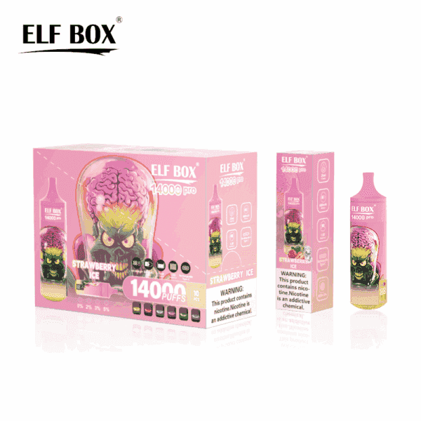 Opakowanie jednorazowych produktów do waporyzacji ELF BOX o smaku "Strawberry Ice", z pudełkiem zawierającym wiele jednostek, żywą grafiką i ostrzeżeniami zdrowotnymi.