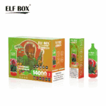 Kolorowe pudełko z etykietą "ELF BOX" zawierające produkty do waporyzacji, przedstawiające kreskówkową postać kosmity trzymającą urządzenie i smaki oznaczone jako "Truskawkowy Arbuz". Na pudełku widnieje informacja, że zawiera 14 000 zaciągnięć i zawiera ostrzeżenia dotyczące stosowania nikotyny.