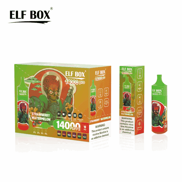 Kolorowe pudełko z etykietą "ELF BOX" zawierające produkty do waporyzacji, przedstawiające kreskówkową postać kosmity trzymającą urządzenie i smaki oznaczone jako "Truskawkowy Arbuz". Na pudełku widnieje informacja, że zawiera 14 000 zaciągnięć i zawiera ostrzeżenia dotyczące stosowania nikotyny.