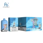 FUMOT vape 製品パッケージは、サルのデザインとグレープ アイスのフレーバーを備えた青いデバイスと、ニコチン含有量を示す警告ラベルが特徴です。.