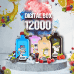 漫画の猿のデザインが施されたカラフルなデジタル ボックス VAPE デバイス。「Digital Box 12000」とラベルが付けられ、果物や飲料の画像に囲まれています。.