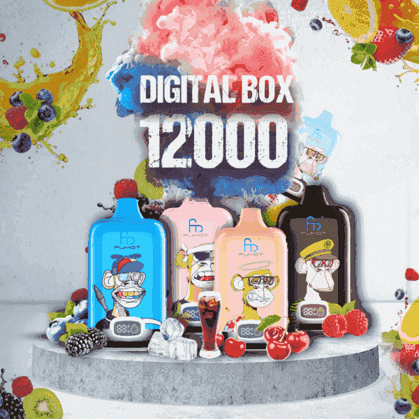 漫画の猿のデザインが施されたカラフルなデジタル ボックス VAPE デバイス。「Digital Box 12000」とラベルが付けられ、果物や飲料の画像に囲まれています。.