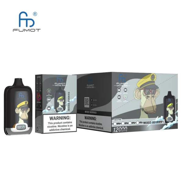 ミックスベリー風味の FUMOT デジタル ボックス VAPE デバイスのパッケージと製品ディスプレイ。漫画の猿のキャプテンのデザインとニコチン警告ラベルが特徴です。.