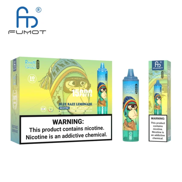 A product box and vape device labeled as "Blue Razz Lemonade" with graphics of a monkey wearing a hat and goggles. The box features a warning about nicotine being an addictive chemical.