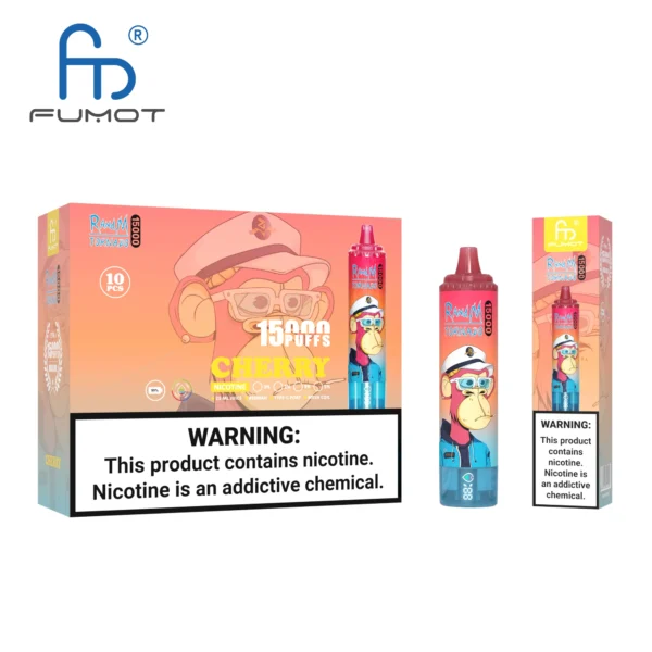 Fumot Tornado 15000 Puffs disposable vape in cherry flavor, featuring a cartoon monkey design, with warning labels about nicotine addiction.