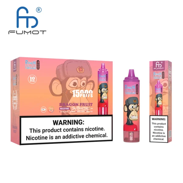 Packaging and product of FUMOT brand Dragon Fruit flavored disposable vape with 15,000 puffs and a nicotine warning label.