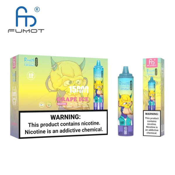 Fumot Tornado 15000 Puffs disposable vape in grape ice flavor, featuring a cartoon character design, with warning labels about nicotine addiction.