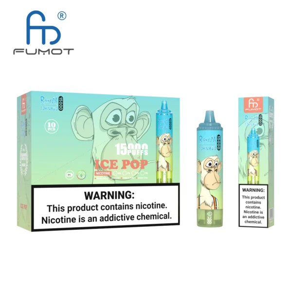 "FUMOT brand vape packaging and device featuring a cartoon ape illustration, labeled 'Ice Pop 15,000 puffs,' with nicotine warning prominently displayed."