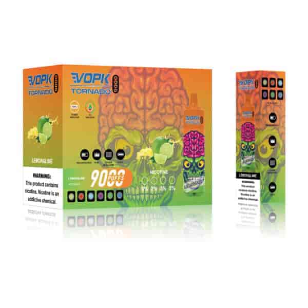 Verpackungsdesign für VOPK Tornado 9000 Puffs Einweg-Vaporizer mit Zitronen- und Limettengeschmack, mit einem grünen Zombiekopf mit einer rosafarbenen Gehirnillustration, Produktspezifikationen, Optionen für die Nikotinstärke (0%, 2%, 3%, 5%) und einem Warnschild.