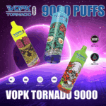 "Farbenfrohe VOPK Tornado 9000 Einweg-Vape-Geräte mit einzigartigem Design, Geschmacksrichtungen wie Triple Mango, Blueberry Cherry Cranberry und Strawberry Watermelon, mit Highlights wie 9000 Zügen, wiederaufladbar, 18 ml Fassungsvermögen und Typ-C-Aufladung."