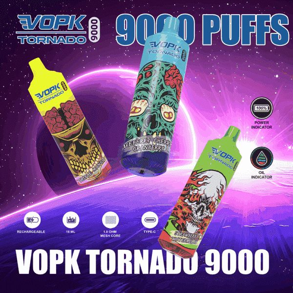 "Farbenfrohe VOPK Tornado 9000 Einweg-Vape-Geräte mit einzigartigem Design, Geschmacksrichtungen wie Triple Mango, Blueberry Cherry Cranberry und Strawberry Watermelon, mit Highlights wie 9000 Zügen, wiederaufladbar, 18 ml Fassungsvermögen und Typ-C-Aufladung."