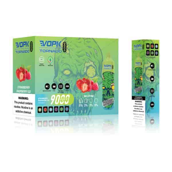 "Verpackungsdesign für VOPK Tornado 9000 Einweg-Vaporizer mit Erdbeer-Himbeereis-Geschmack, 9000 Zügen, Nikotinoptionen von 0% bis 5%, wiederaufladbar, RGB-Lichtanzeige und Typ-C-Aufladung."
