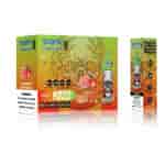 Verpackungsdesign für den VOPK Tornado 9000 Strawberry Watermelon Vape mit einem grün-orangefarbenen Hintergrund mit Farbverlauf, einer flammenden Totenkopfgrafik, Produktdetails und Warnungen zum Nikotingehalt.