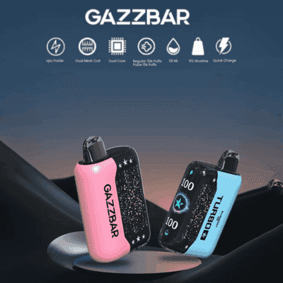 Dwa kolorowe urządzenia do waporyzacji Gazzbar o eleganckich wzorach, jedno różowe i jedno niebieskie, wyposażone w technologię dwurdzeniową i różne ikony funkcjonalne nad nimi.