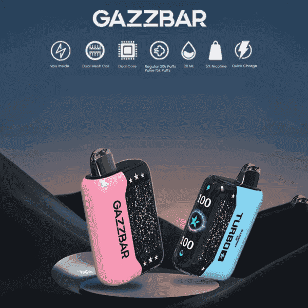 Dwa kolorowe urządzenia do waporyzacji Gazzbar o eleganckich wzorach, jedno różowe i jedno niebieskie, wyposażone w technologię dwurdzeniową i różne ikony funkcjonalne nad nimi.