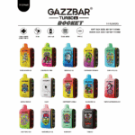 "Linia produktów Gazzbar Turbo Rocket obejmuje 14 kolorowych smaków urządzeń do waporyzacji, każdy oznaczony unikalnymi nazwami smaków i żywymi wzorami, zawierającymi takie szczegóły, jak 10 000 lub 20 000 zaciągnięć, pojemność 22 ml, bateria 650 mAh, podwójna siatka i ładowanie typu C"."