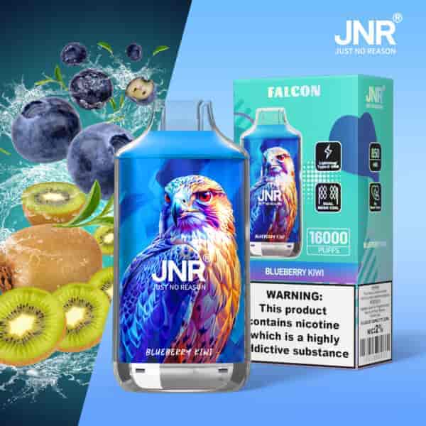 Un dispositivo di svapo JNR Falcon Blueberry Kiwi con un design colorato di falco, insieme alla confezione che mostra caratteristiche chiave come 16000 sbuffi, bobina a doppia rete e avviso di nicotina. Sullo sfondo mirtilli, kiwi e spruzzi d'acqua.