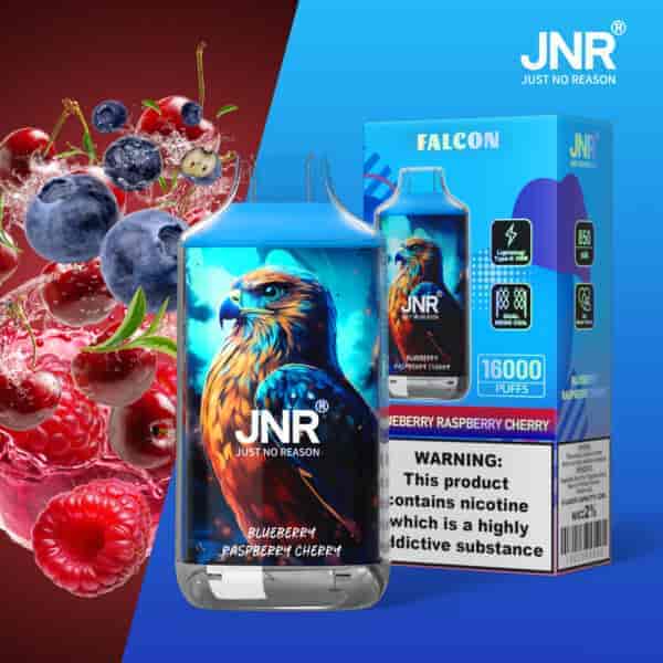 Un dispositivo di vaporizzazione e una confezione con un'illustrazione colorata di un'aquila, etichettata "Blueberry Raspberry Cherry", con immagini di frutta e testo che indica 16.000 boccate e contenuto di nicotina.