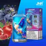 Mirtilli, melograno e una bottiglia per vaporizzatore con un'illustrazione colorata di un uccello etichettata "Blueberry Pomegranate Ice" accanto alla confezione che mostra i dettagli del prodotto.