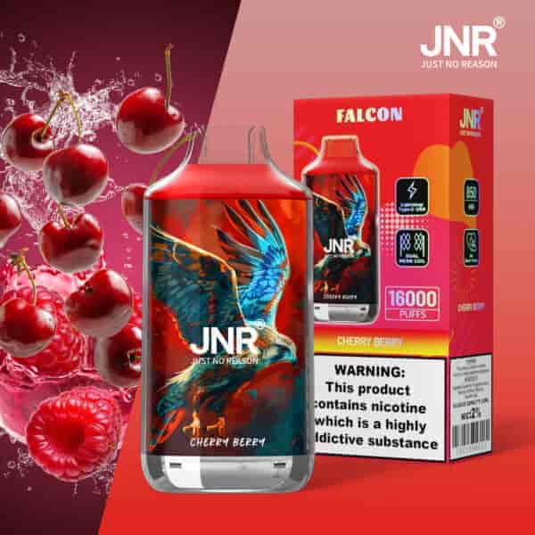 Dispositivo di vaporizzazione JNR al gusto Cherry Berry con un'illustrazione audace di un'aquila blu, capacità di 16000 boccate e confezione che evidenzia i dettagli del prodotto e l'avvertenza sulla nicotina.