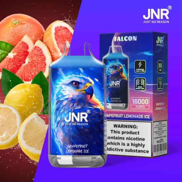 Prodotto da vaporizzare JNR Grapefruit Lemonade Ice con il design di un'aquila blu, confezione che mostra 16.000 boccate, etichetta di avvertenza sulla nicotina e fette di pompelmo fresco e limone sullo sfondo.