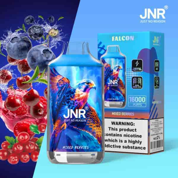 Vape JNR Falcon Mixed Berries con 16000 boccate, caratterizzato da una bottiglia dal design blu con un falco colorato, circondato da frutti di bosco e dettagli sulla confezione.