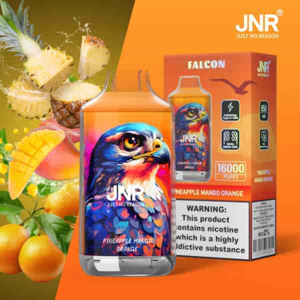 Bottiglia e confezione per vaporizzatore JNR Pineapple Mango Orange con un colorato design di un'aquila, circondato da ananas, mango e frutti d'arancia.