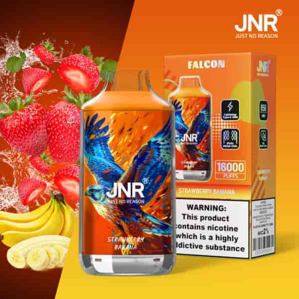 Dispositivo di vaporizzazione JNR al gusto di fragola e banana con una vivace illustrazione di un'aquila blu, capacità di 16000 boccate e confezione con dettagli del prodotto e avvertenze sulla nicotina.