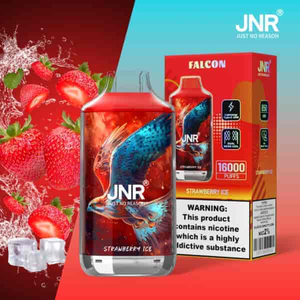 Dispositivo di vaporizzazione JNR Falcon Strawberry Ice con un design rosso e blu, caratterizzato da una vivace illustrazione di un'aquila, fragole, cubetti di ghiaccio e confezione del prodotto che indica 16.000 boccate e contenuto di nicotina.